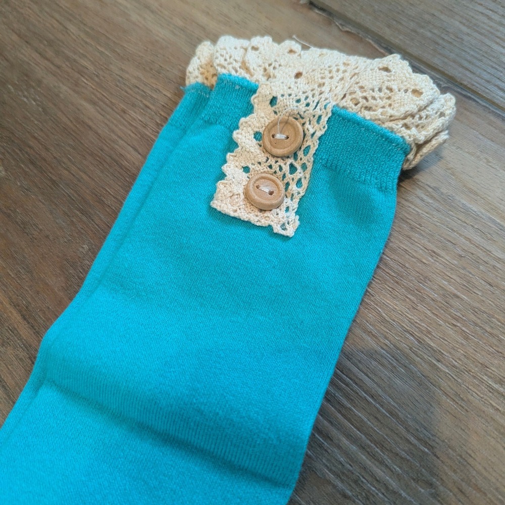 Turquoise Knee High Socks Lace Trim Wooden Button Twee Girlhood Teal Blue NWT